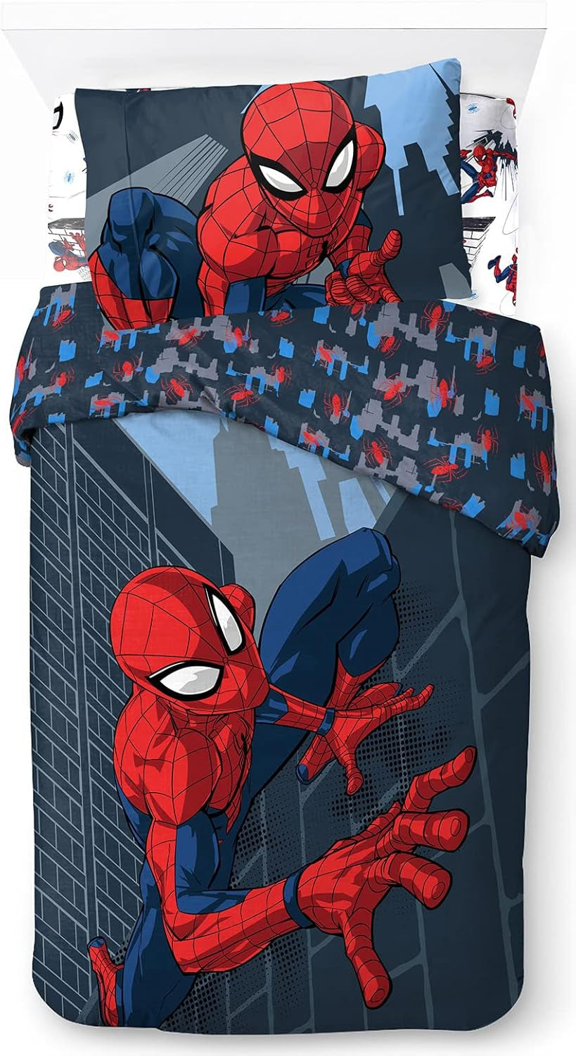 Lenjerie de pat pentru copii, unisex, printese si super eroi, 100% bumbac Lenjerie de pat - copii Naty Shop Albastru - Spiderman 135X200/50X70 (3 Piece)