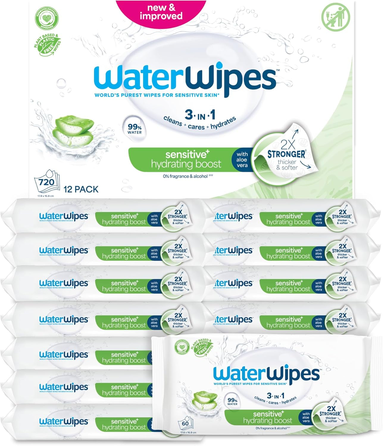 Șervețele umede WaterWipes Sensitive+ Hydrating Boost, șervețele hidratante, 360 bucăți (6 pachete), 3 în 1 curăță, îngrijește, hidratează, 99% apă cu aloe vera, șervețele umede fără parfum pentru bebeluși