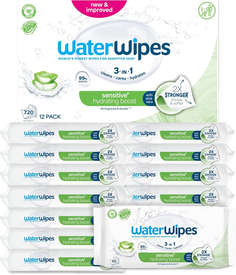 Șervețele umede WaterWipes Sensitive+ Hydrating Boost, șervețele hidratante, 360 bucăți (6 pachete), 3 în 1 curăță, îngrijește, hidratează, 99% apă cu aloe vera, șervețele umede fără parfum pentru bebeluși