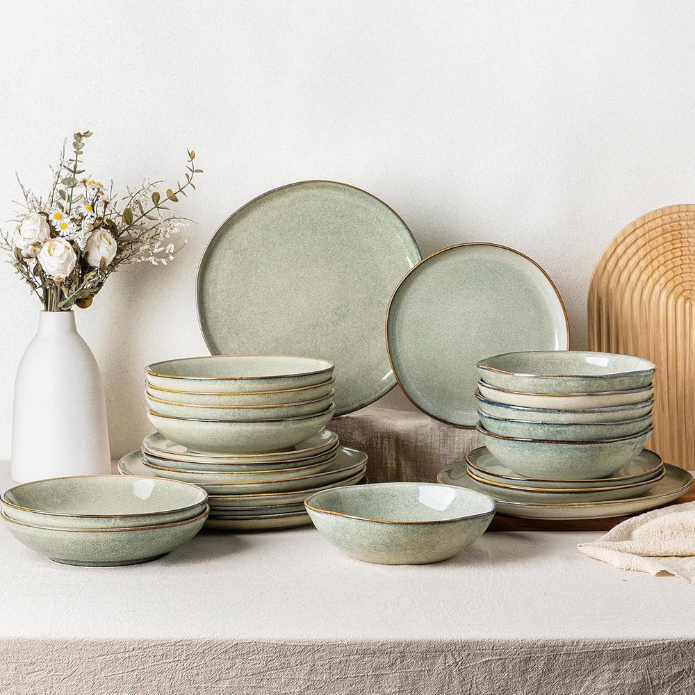 Set de veselă GBhome din gresie pentru 6 persoane, 24 de piese, glazură reactivă, lucrat manual, potrivit pentru cuptorul cu microunde și mașina de spălat vase, set de boluri și farfurii, Desret Sage, GDW007GY-24P-EU