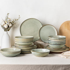 Set de veselă GBhome din gresie pentru 6 persoane, 24 de piese, glazură reactivă, lucrat manual, potrivit pentru cuptorul cu microunde și mașina de spălat vase, set de boluri și farfurii, Desret Sage, GDW007GY-24P-EU