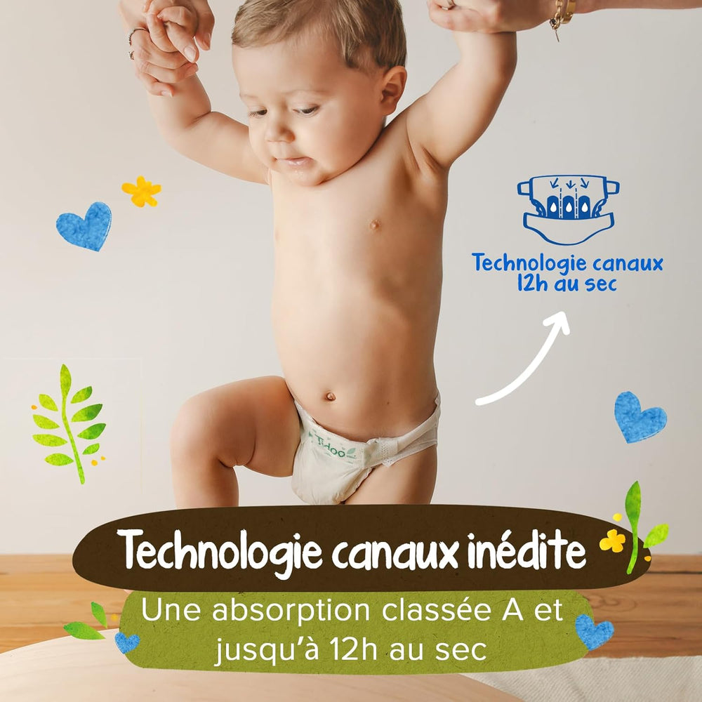 - Ökologische Windeln, Größe 2 (3-6 kg) – natürlicher Ursprung, ohne Schadstoffe – 12 Stunden trocken, extrem saugfähig – hergestellt in Frankreich – 150 Einwegwindeln – Packung 1 Monat