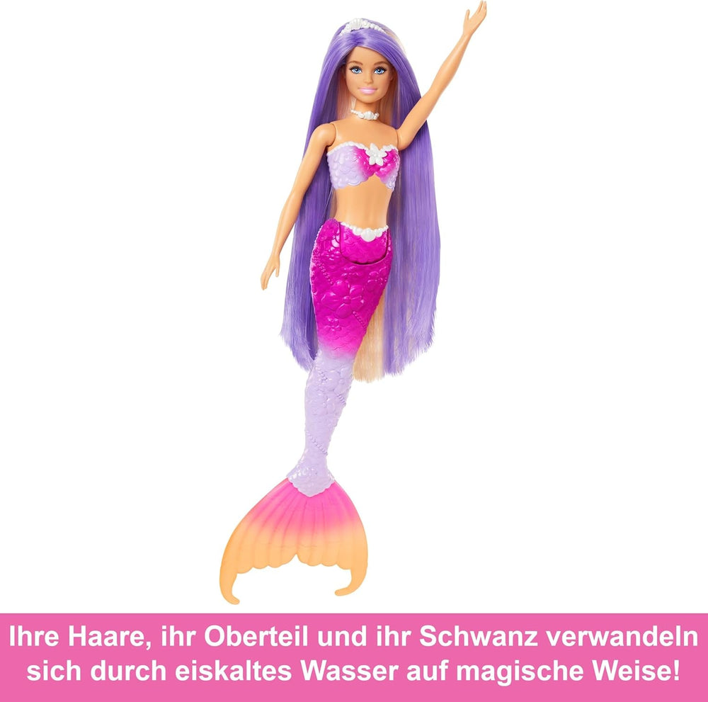 Păpușa Sirenă BARBIE - Inspirată din serialul TV „Barbie: O magie ascunsă”, cu efect de schimbare a culorii și accesorii, păr roz lung de 19 cm pentru coafat, pentru copii cu vârsta de 3 ani și peste, HRP97