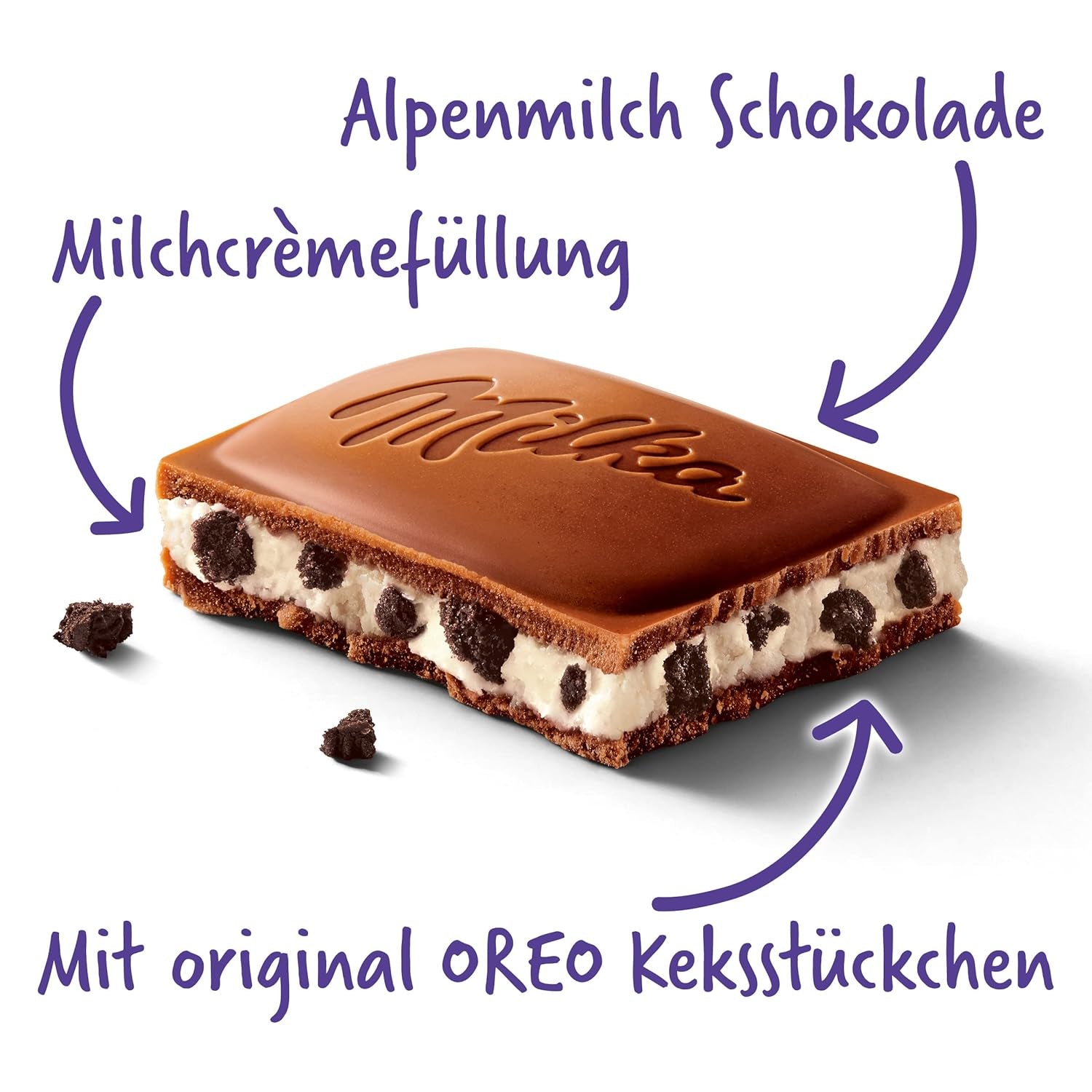 Milka Oreo – Ciocolată cu lapte alpină umplută cu bucățele crocante de biscuiți Oreo și cremă fină de vanilie – 100g