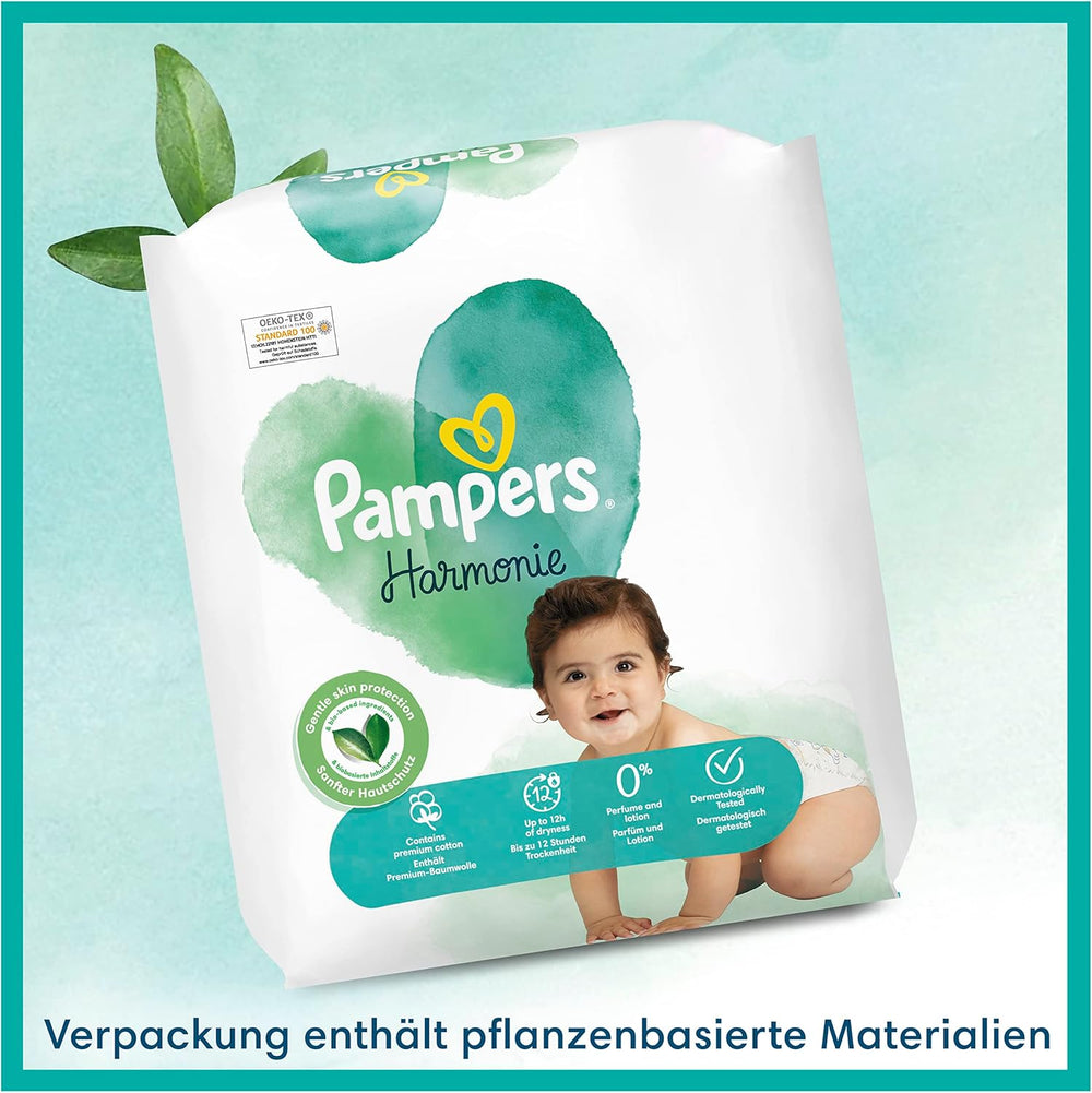 Scutece Pampers pentru bebeluși, mărimea 2 (4-8 kg), Harmony, cutie pentru jumătate de lună, protecție delicată a pielii și ingrediente pe bază de plante, 240 bucăți