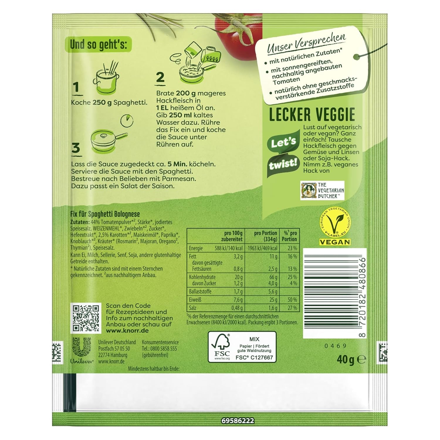 Knorr Fix Würzmischung Spaghetti Bolognese für ein leckeres Nudelgericht mit natürlichen Zutaten 40 g