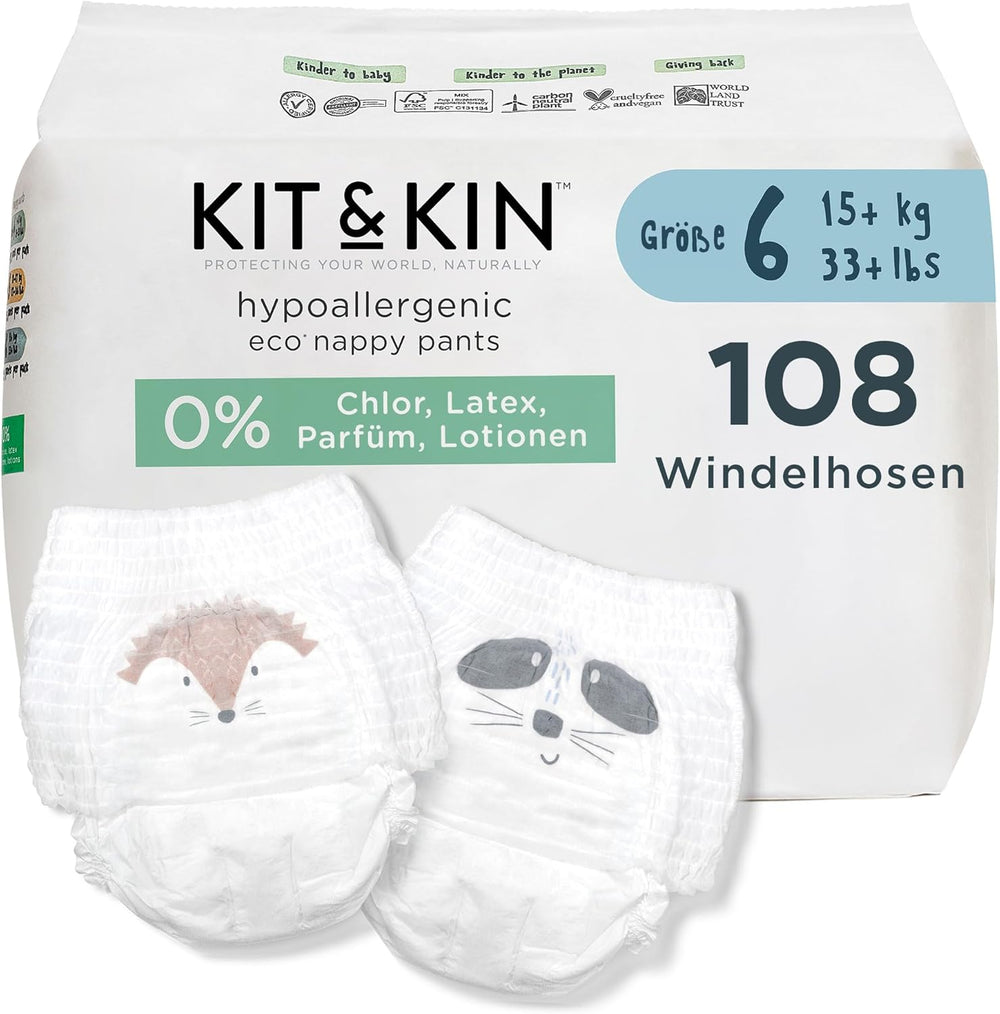 Scutece Kit & Kin Premium Eco, mărimea 4 (9-16 kg), 132 scutece, pe bază de plante și hipoalergenice, protecție fiabilă împotriva scurgerilor, vegane și fără cruzime
