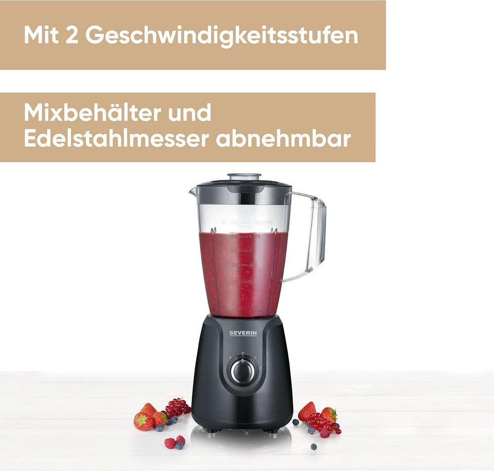 SEVERIN Standmixer Mit 1,5 L Mixbehälter Aus Tritan, Mixer Mit 2 Stufen Und Pulse-Funktion, Leistungsstarker Küchenmixer Mit Edelstahlmesser, 600 W, Schwarz, SM 3707 Bucatarie Naty Shop