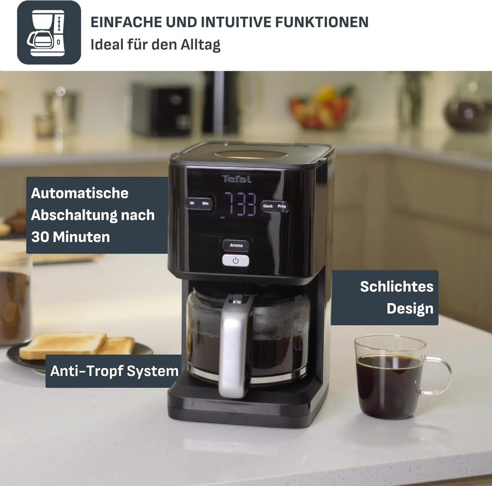 Espressor Tefal Smart'n Light cu temporizator, espressor cu filtru programabil 1,25 l, funcție de aromă pentru o aromă intensă, funcție de menținere la cald, anti-picurare și ușor de curățat, negru