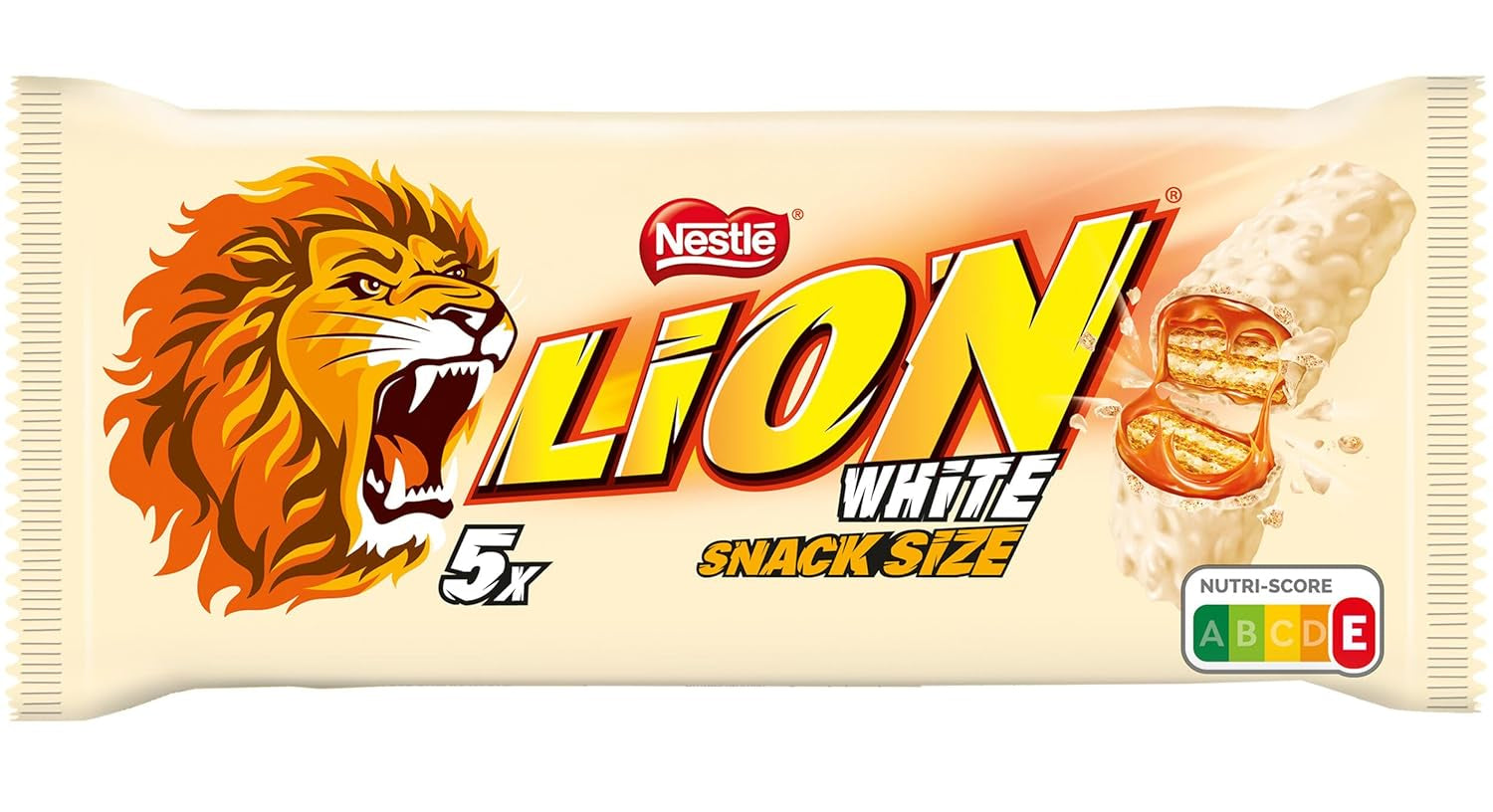 Nestlé LION Multipack, batoane de ciocolată cu glazură albă, umplutură delicioasă de caramel și napolitană crocantă, pachet vrac de bomboane, 1 pachet (5 x 30g)