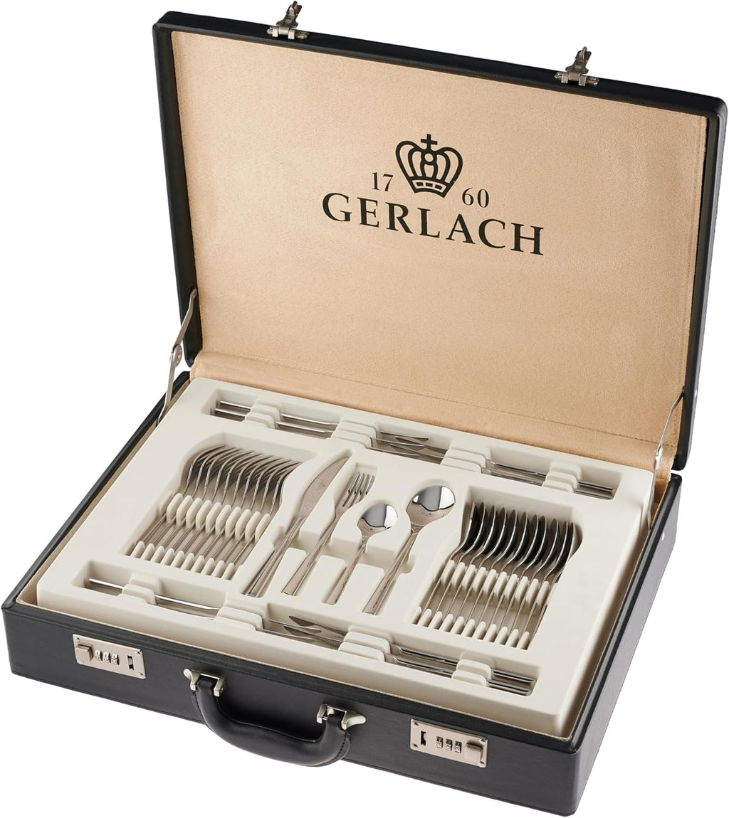 Gerlach Flames Besteck-Set 12 Personen Spülmaschinenfest Essbesteck Edelstahl Elegantes Tafelbesteck Messer Gabel Löffel Teelöffel Kuchengabel Soßenlöffel Kuchenspachtel Glänzend Rostfrei 68 Stk Bucatarie Naty Shop Silberglänzend 68 El. Etui