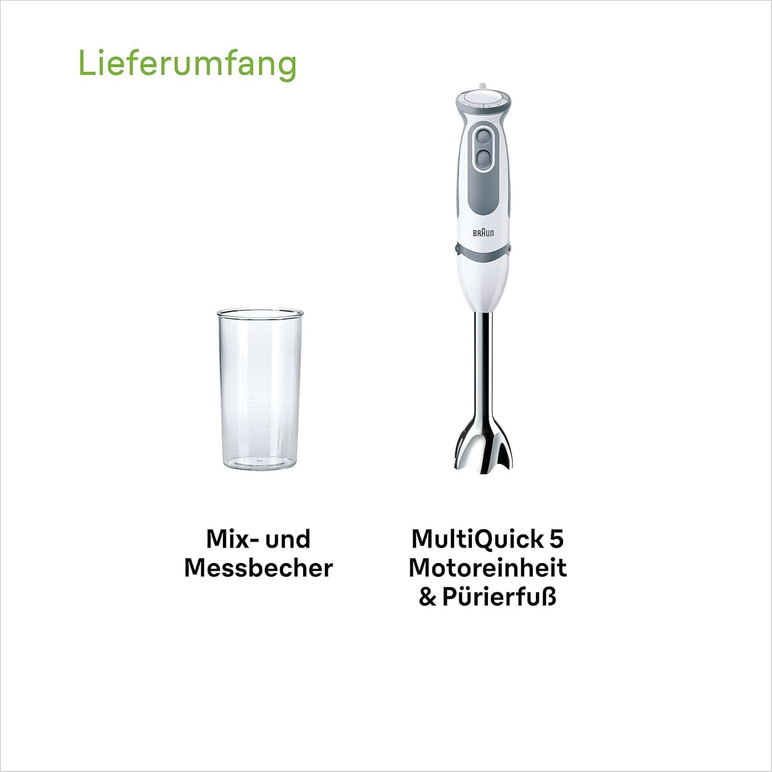 Braun Stabmixer MQ 5200WH - Multiquick 5 Vario Pürierstab Mit Edelstahl Mixfuß, 1000 Watt, Inkl. 600 Ml Mix- & Messbecher, Weiß/Grau Bucatarie Naty Shop