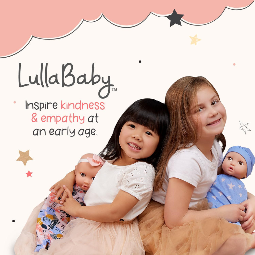 LullaBaby - Baby Puppe - Einteiler & Mütze - 36 cm Realistische Baby-Puppe - Haselnussbraune Augen & weicher Körper - Strampler & Schnuller-Zubehör - Pretend Play Spielzeug - Kinder 2 Jahre +