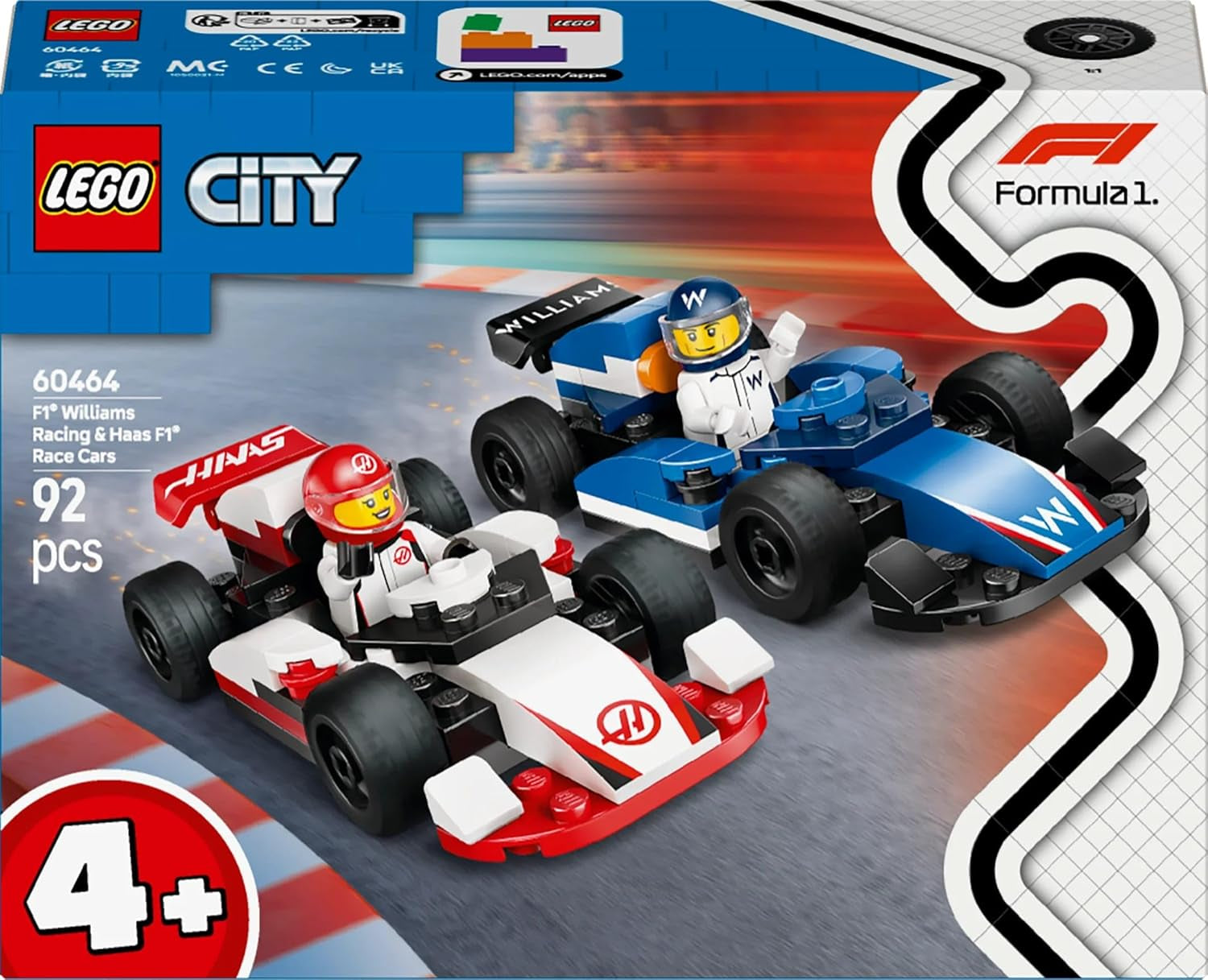 LEGO City F1 Williams Racing și Haas F1 Racing Cars - Jucărie Formula 1 cu mașini construibile și 2 minifigurine cu șofer de curse - Idei de cadouri mici pentru băieți și fete de la 4 ani 60464 Seturi de constructie Besuche den LEGO-Store