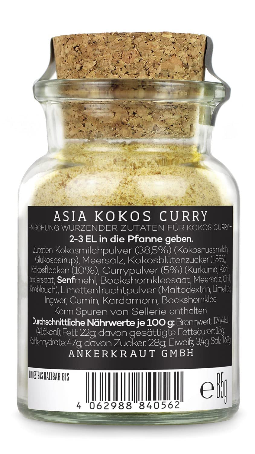Ankerkraut Asia Kokos Curry, 85g im Korkenglas, Gewürz für Kokos-Milch Gemüse Fleisch, Einfach Lecker Zu Hause Kochen, Premium Qualität in der Pfanne