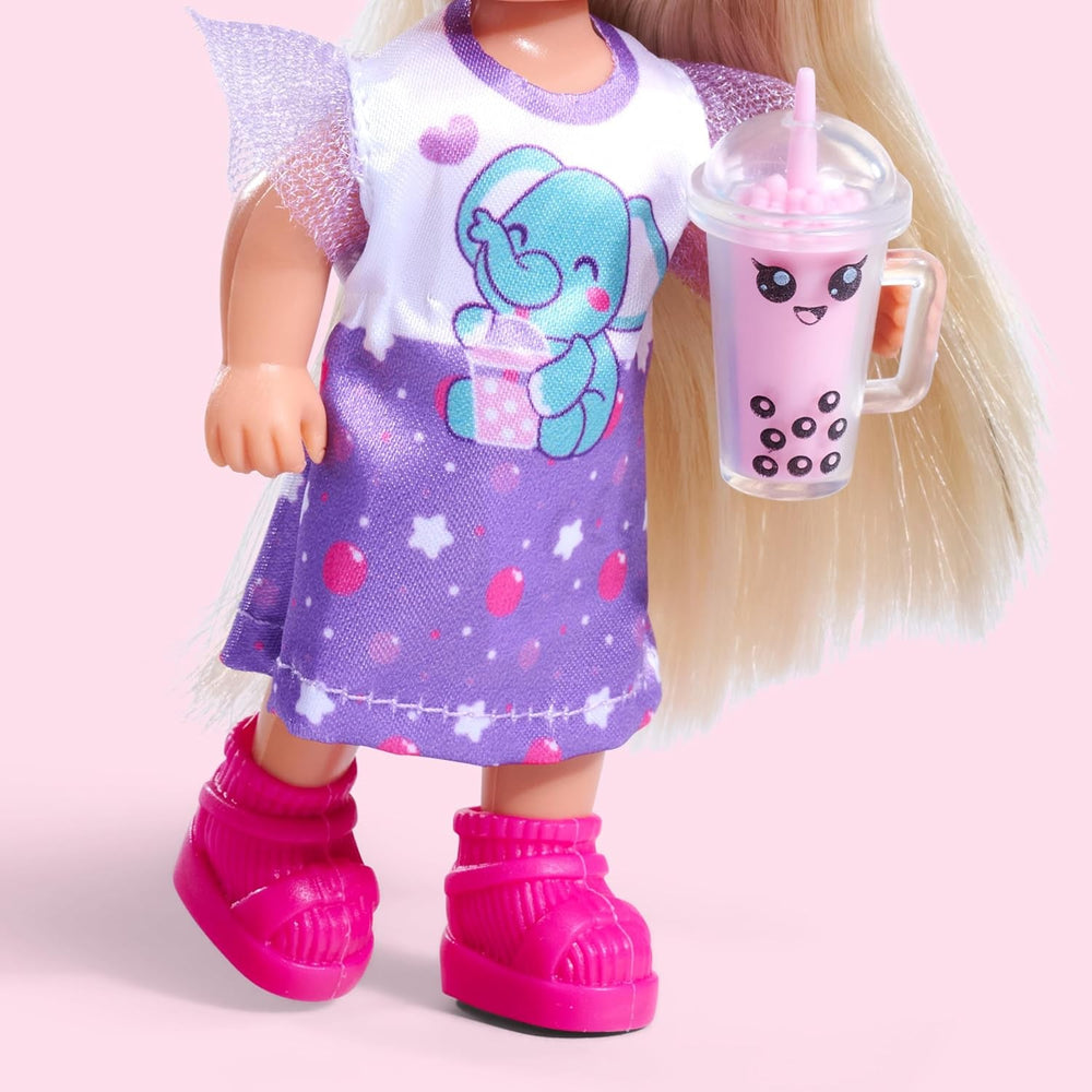 Simba Evi Love Bubble Tea – Puppe (12 cm) im süßen Bubble-Tea-Outfit mit Haarband & Becher, Mode- & Rollenspiel für Kinder ab 3 Jahren