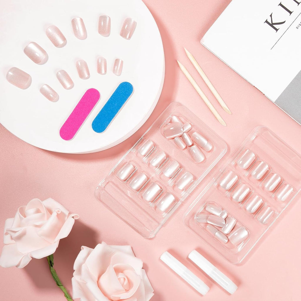 Kiiwah 48 bucăți unghii scurte pătrate, unghii artificiale roz pentru lipit, vârfuri de unghii scurte, vârfuri de unghii false