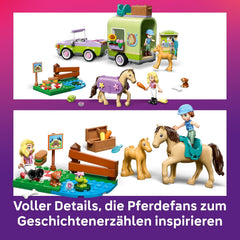LEGO Friends Pferd und Fohlen mit Pferdeanhänger - Pferde Spielset mit Pflegezubehör, 4 Tierfiguren, Auto & 2 Mini Puppen - Geschenkidee zum Geburtstag für Mädchen ab 7 Jahren - 42695