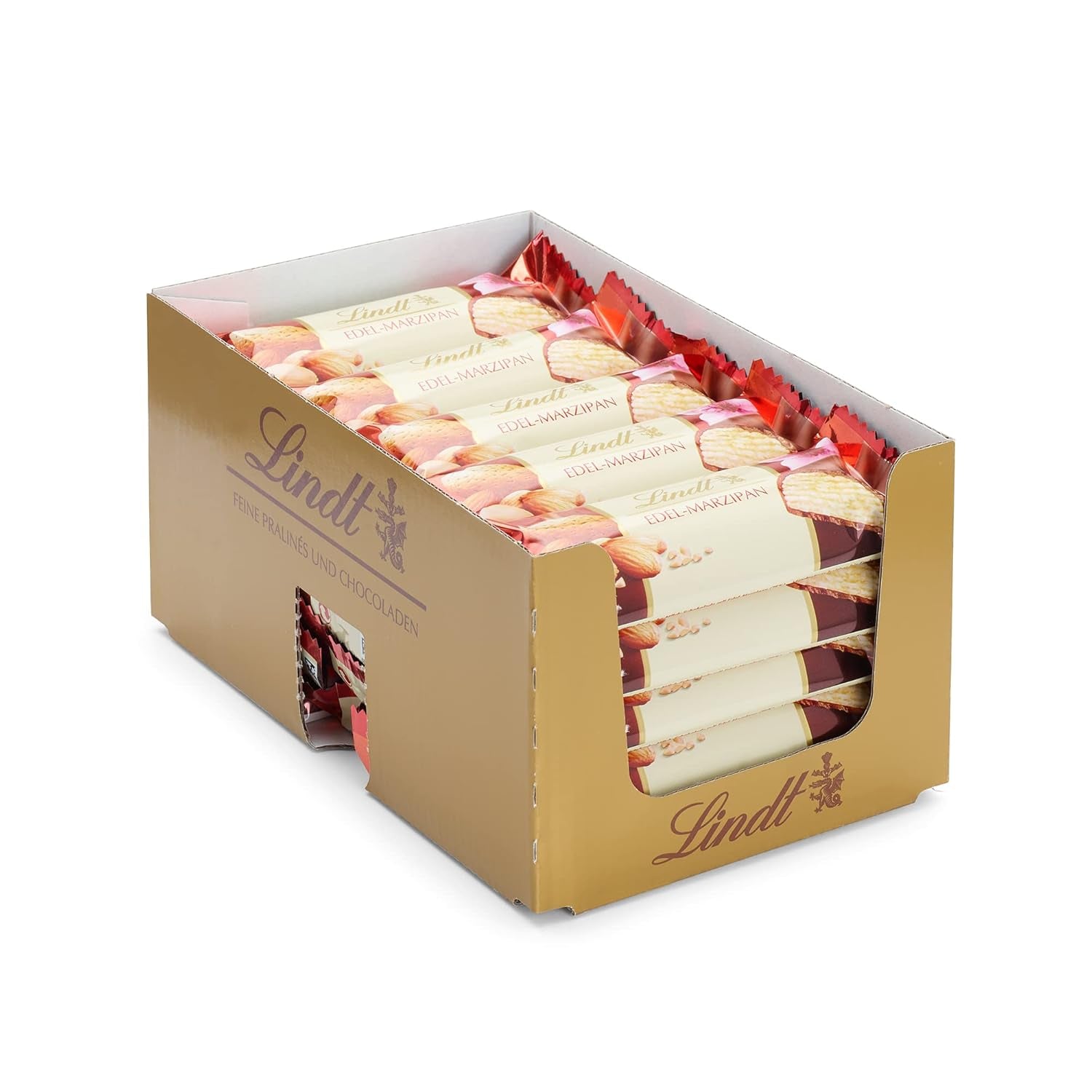 Prezentare de blat Lindor cu ciocolată | 1718 g și batoane de ciocolată cu marțipan | 25 batoane x 50 g într-un prezentare de blat | 1250 g | Marțipan pur acoperit cu ciocolată neagră | Batoane de ciocolată