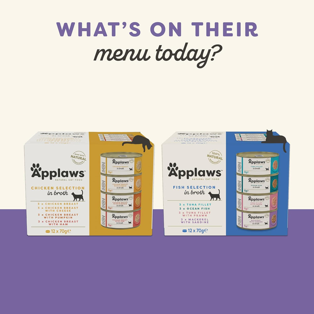 Applaws Hrană umedă premium 100% naturală pentru pisici adulte în bulion - Ton, pui, fructe de mare, selecție mixtă în bulion - Pachet de 12 conserve x 70 g