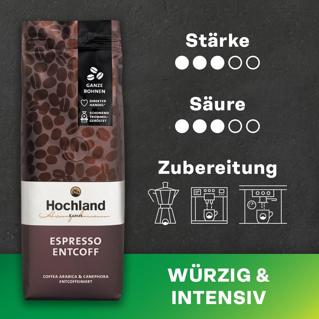 Highland Coffee – Espresso Decofeinizat (250g) – Decofeinizat, Puternic și Armonios – Ciocolată Neagră, Lemn de Cedru, Malț – Pentru Espressoare Portafilter și Automate – Arabica și Robusta – America Latină și India