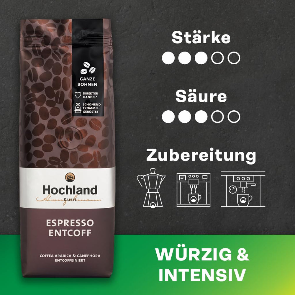 Highland Coffee – Espresso Decofeinizat (250g) – Decofeinizat, Puternic și Armonios – Ciocolată Neagră, Lemn de Cedru, Malț – Pentru Espressoare Portafilter și Automate – Arabica și Robusta – America Latină și India