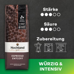 Highland Coffee – Espresso Decofeinizat (250g) – Decofeinizat, Puternic și Armonios – Ciocolată Neagră, Lemn de Cedru, Malț – Pentru Espressoare Portafilter și Automate – Arabica și Robusta – America Latină și India