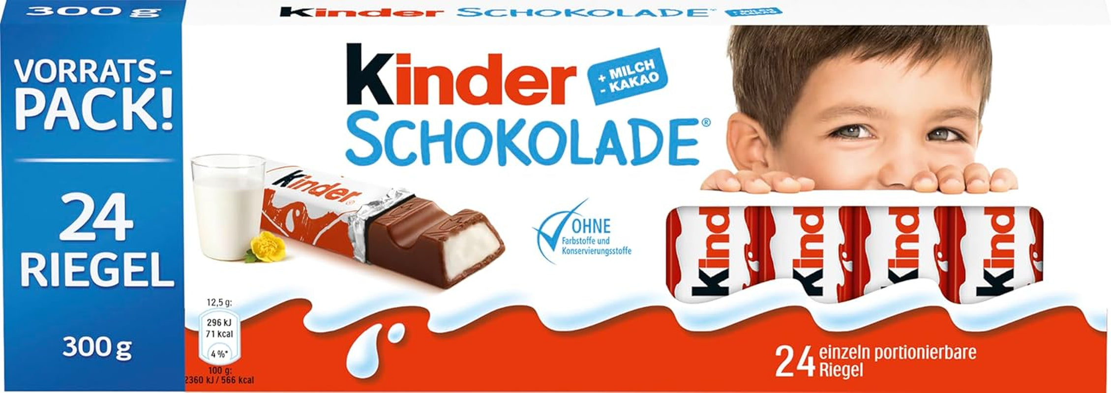 Kinder Chocolate – Batoane de ciocolată din ciocolată cu lapte umplută – 1 pachet conținând 24 de batoane individuale (24 x 12,5 g).