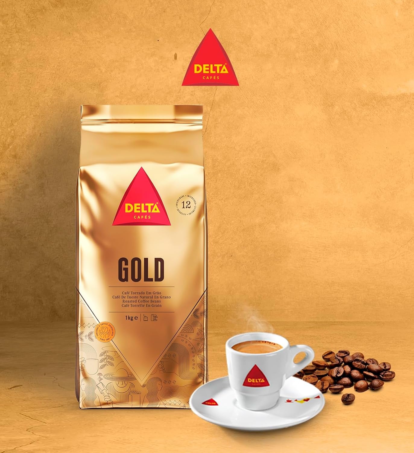 Delta Cafés - Kaffeebohnen Gold - 2 Pakete à 1 kg - Intensität 12 - Vollmundige Arabica-Röstkaffeebohnenmischung - Sehr aromatisch mit Noten von Honig und Reifen Früchten