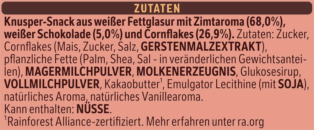 Scorțișoară Nestlé, fulgi ușori și crocanți și migdale crocante, acoperite cu o glazură albă care se topește în gură și aromă de scorțișoară, 1 pachet (2 x 75g)