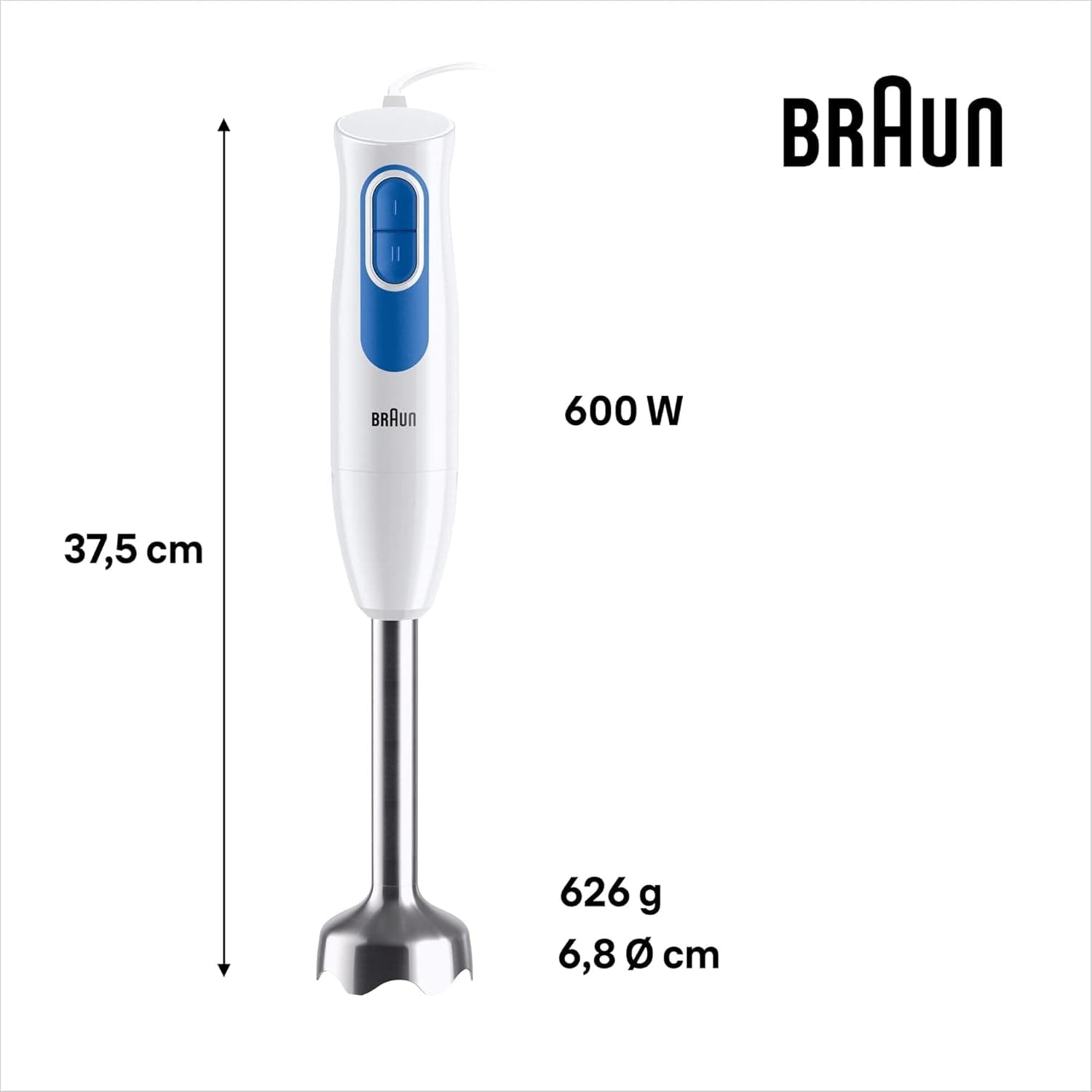 Braun Multiquick2 MQ20236MWH Stabmixer, Mixer Zum Mixen Von Saucen Und Smoothies, 2 Geschwindigkeitsstufen, Zerkleinerer 500 Ml, Becher 600 Ml, Schneebesen Aus Stahl Mama si Copilul Naty Shop
