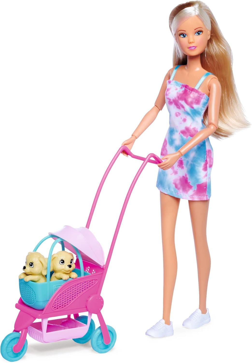 Simba Steffi Love Dog Buggy, Spielpuppe mit dem Hundebuggy und Zwei Hunden in herrausnehmbarer Tragetasche, Hundezubehör, 29cm, ab 3 Jahre