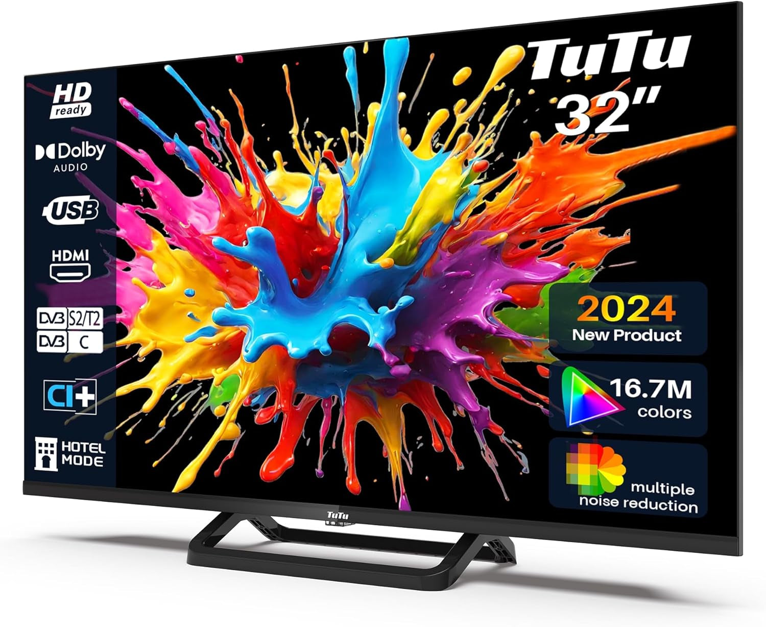 Televizor LED HD TuTu de 24 de inci (60 cm) cu tuner triplu (DVB-T/T2-CS/S2), player media USB, HDMI, VGA, CI/CI+, mod hotel (2024, 220 volți)