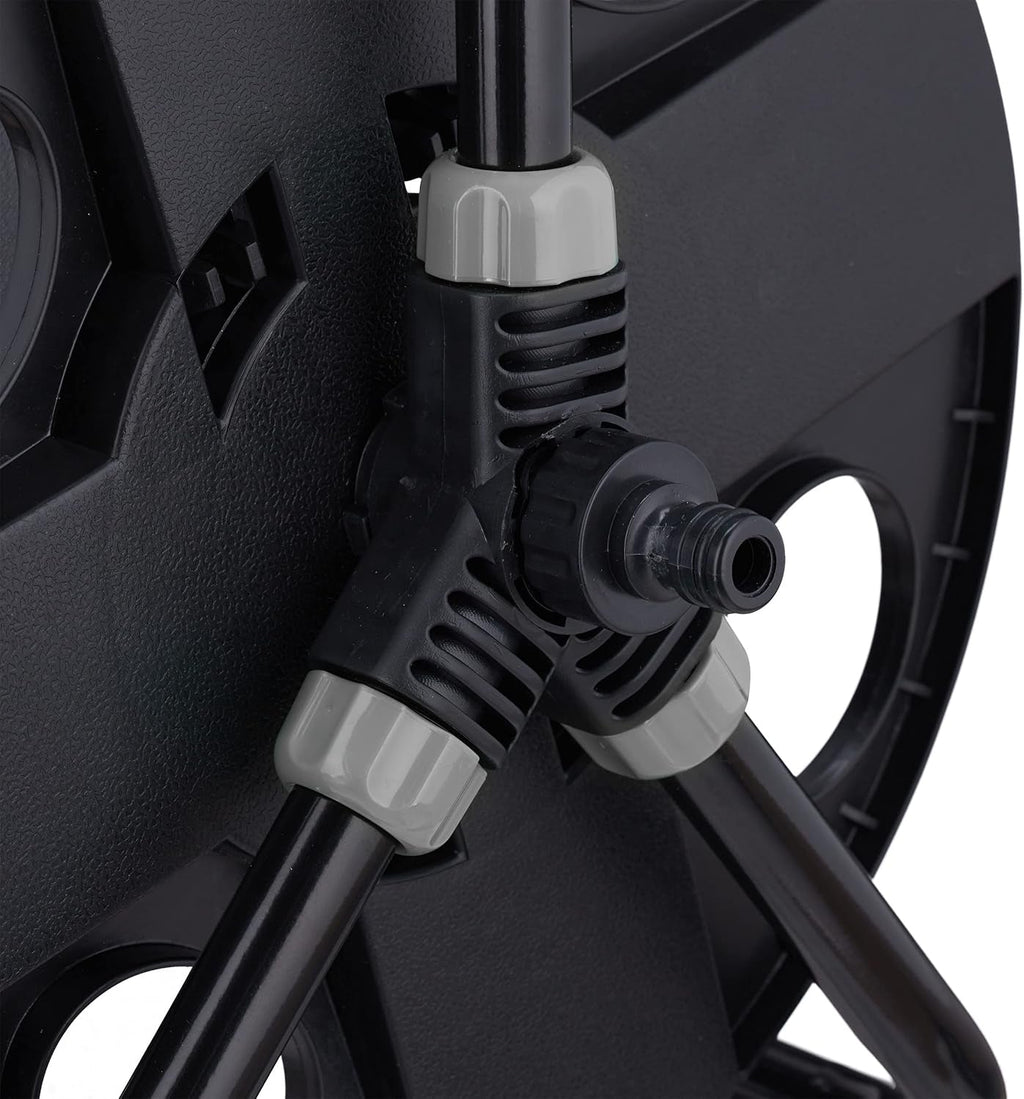 Rolă furtun Relaxdays, pentru furtun de 30 m 1/2", oțel, plastic, suport furtun, HL: 38 x 42 x 31 cm, negru/gri