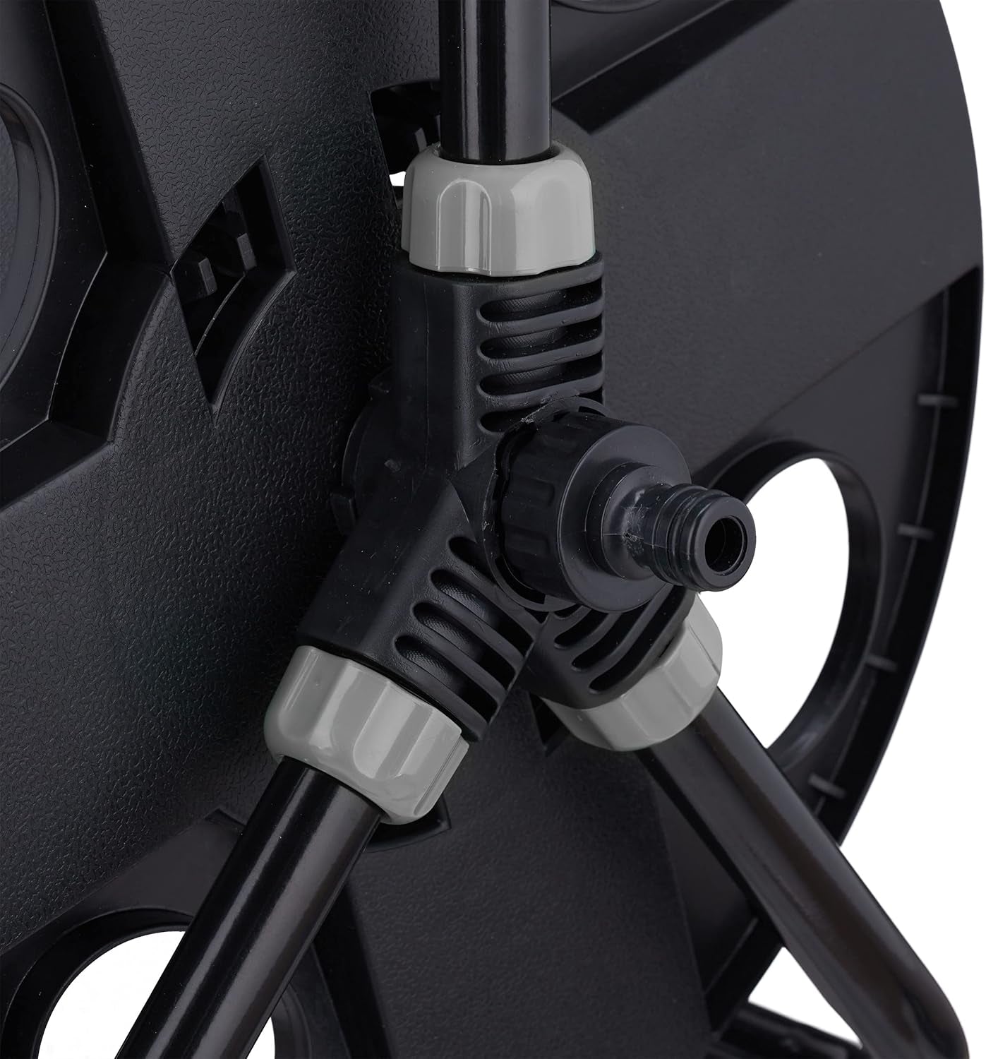 Rolă furtun Relaxdays, pentru furtun de 30 m 1/2", oțel, plastic, suport furtun, HL: 38 x 42 x 31 cm, negru/gri