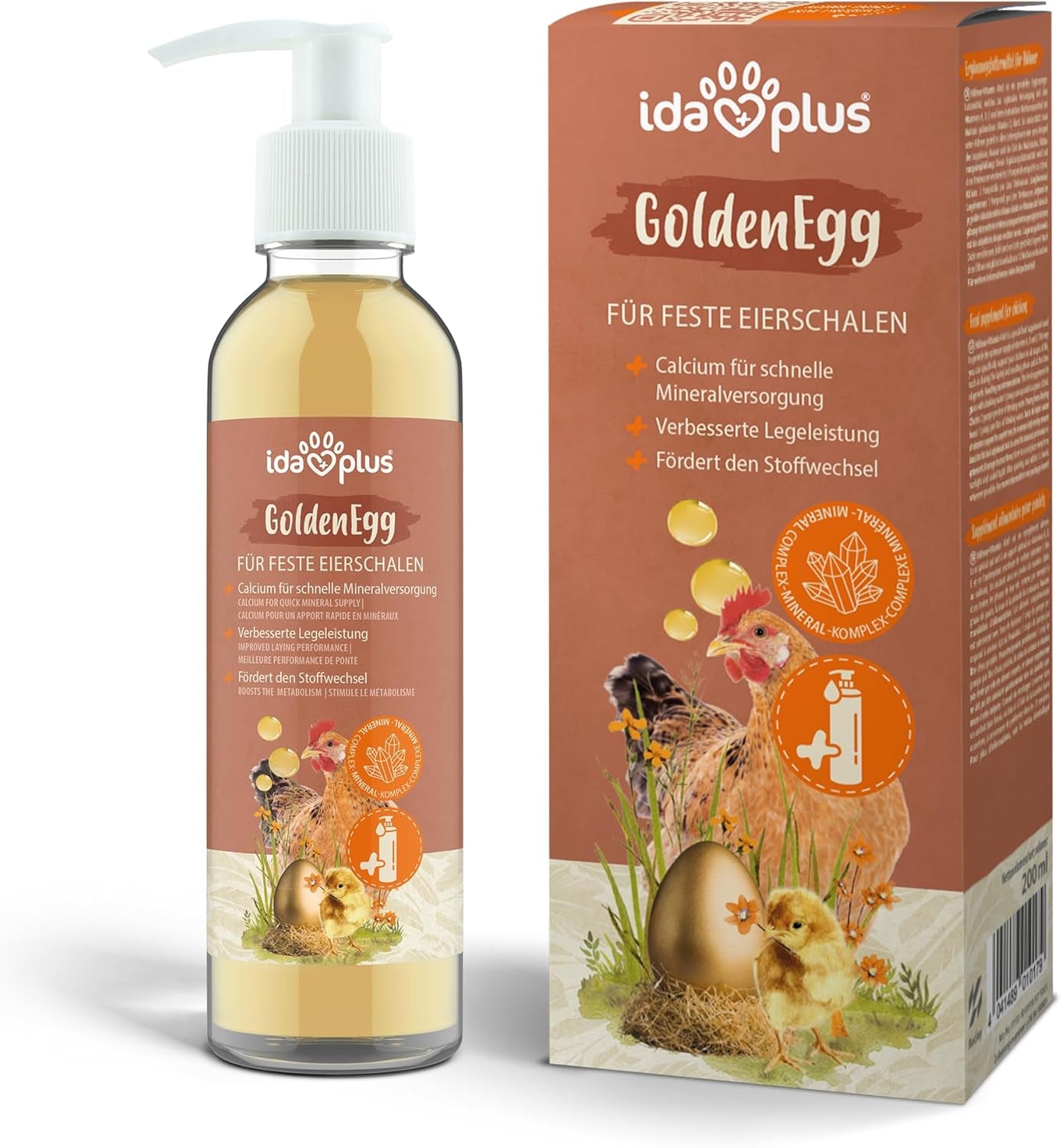 Ida Plus - GoldenEgg 200 ml - vermindert Brucheier & Federfressen - unterstützt Federwachstum & Federkleid - Wichtige Mineralien & Vitamine für Hühner - Beste Eierqualität bei Ihrer Hühnerhaltung