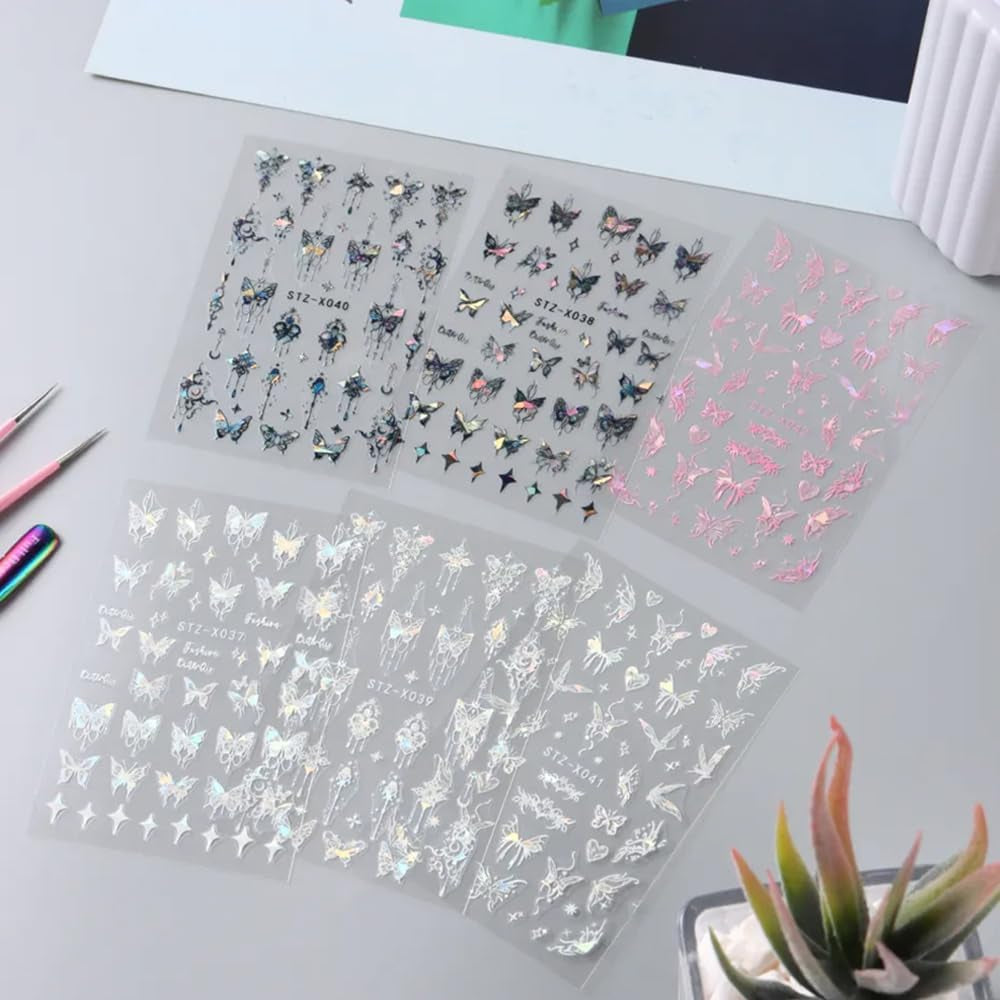 3D Metallic Schwarz Schmetterling Nagelsticker - Laser Pink Aurora Nagelaufkleber - Punk Butterfly Nail Art Stickers - Silver Nail Sticker - Nageldesign Zubehör