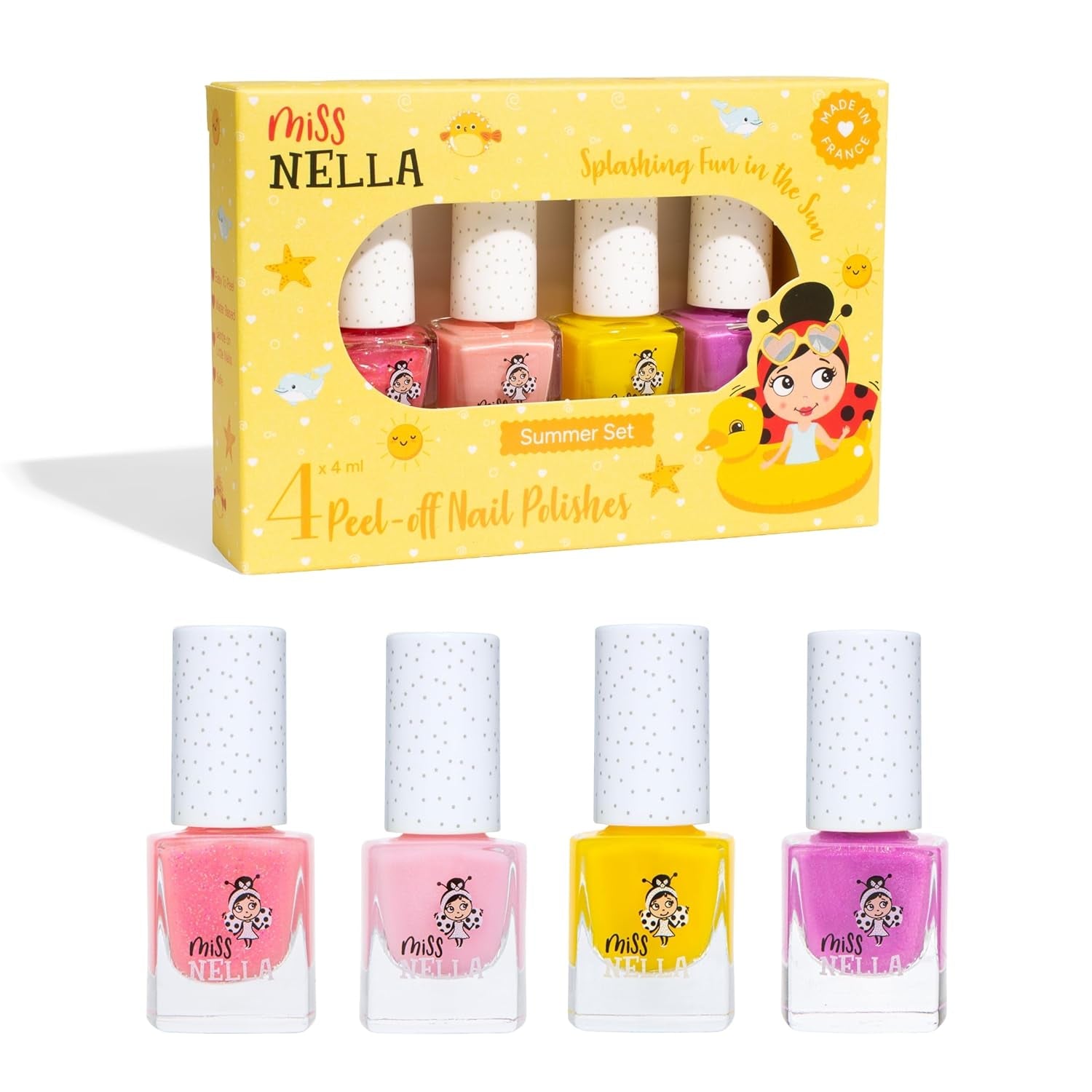 Set de ojă cu sclipici Miss Nella Magic Collection, 4 piese: roz, roșu, auriu și albastru, ojă detașabilă specială pentru copii, non-toxică, pe bază de apă și inodoră