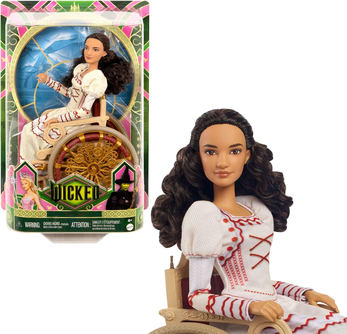 Păpușă de modă Mattel Wicked Nessarose și accesorii, inclusiv scaun cu rotile, cu păr creț castaniu, diverse poziții posibile și aspect de rochie de bal detașabilă, HXY36