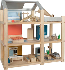 Casă de păpuși din lemn Small Foot, culori naturale – cu 3 etaje, terasă pe acoperiș și set de mobilier cu 51 de piese, încurajează jocul creativ, potrivită pentru vârste de la 3 ani în sus, 12541