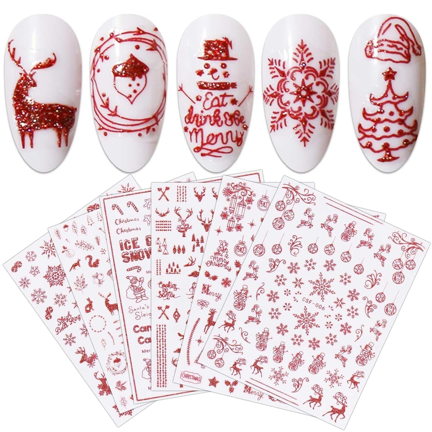 JMEOWIO Nagelsticker Weihnachten 9 Blatt Nail Art Sticker Selbstklebend Nagelaufkleber Schneeflocke Schneemann Festival Weißes Gold Dekoration Nageldesign Zubehör