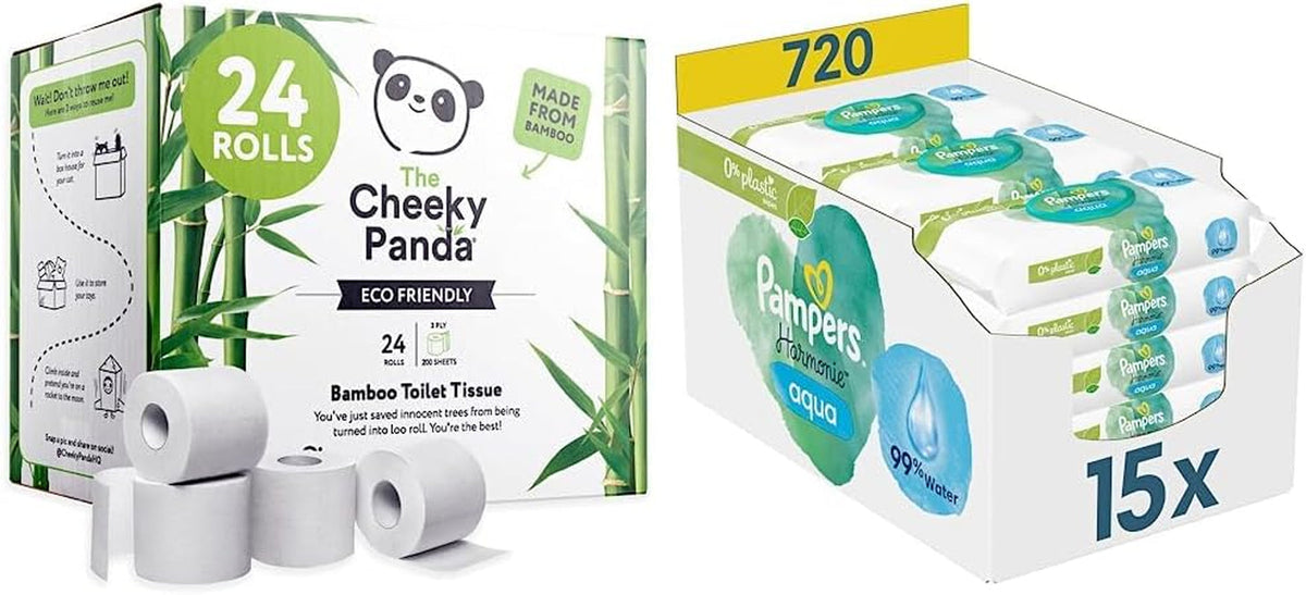 Cumpărați role de toaletă din bambus Cheeky Panda la vrac și cutia de șervețele umede Pampers Harmony Aqua pentru bebeluși, 720 de șervețele (15 x 48), protecție delicată a pielii cu 99% apă