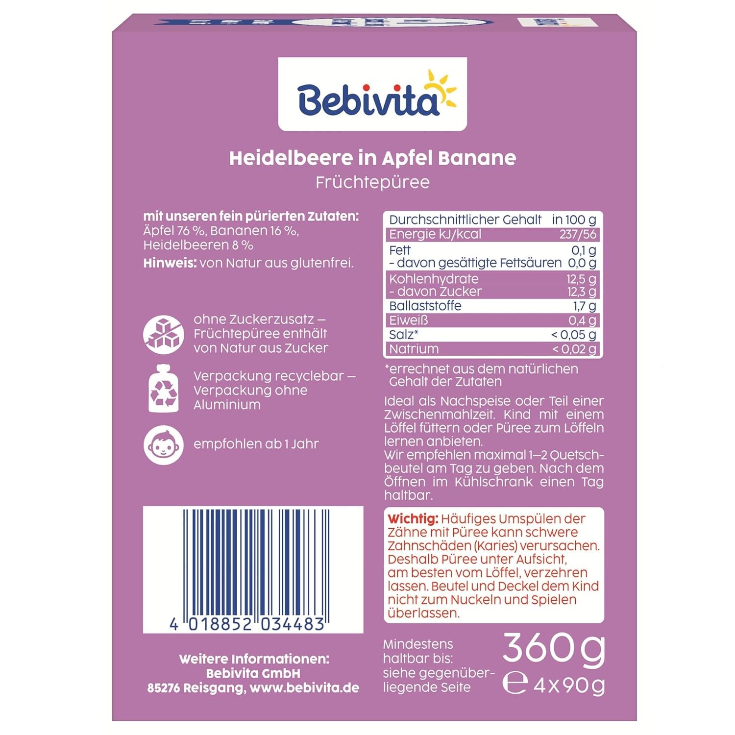 Pliculețe stoarcibile cu afine, măr și banane – 16 bucăți (4 pachete, 4 x 90 g fiecare), fără zahăr adăugat, fără gluten, ideale pentru gustări la pachet și pentru luate în voie