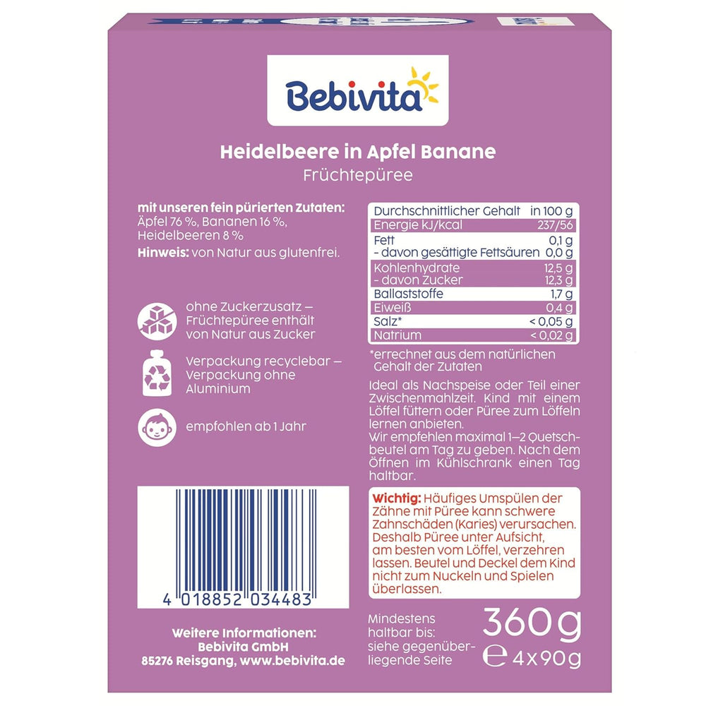 Pliculețe stoarcibile cu afine, măr și banane – 16 bucăți (4 pachete, 4 x 90 g fiecare), fără zahăr adăugat, fără gluten, ideale pentru gustări la pachet și pentru luate în voie