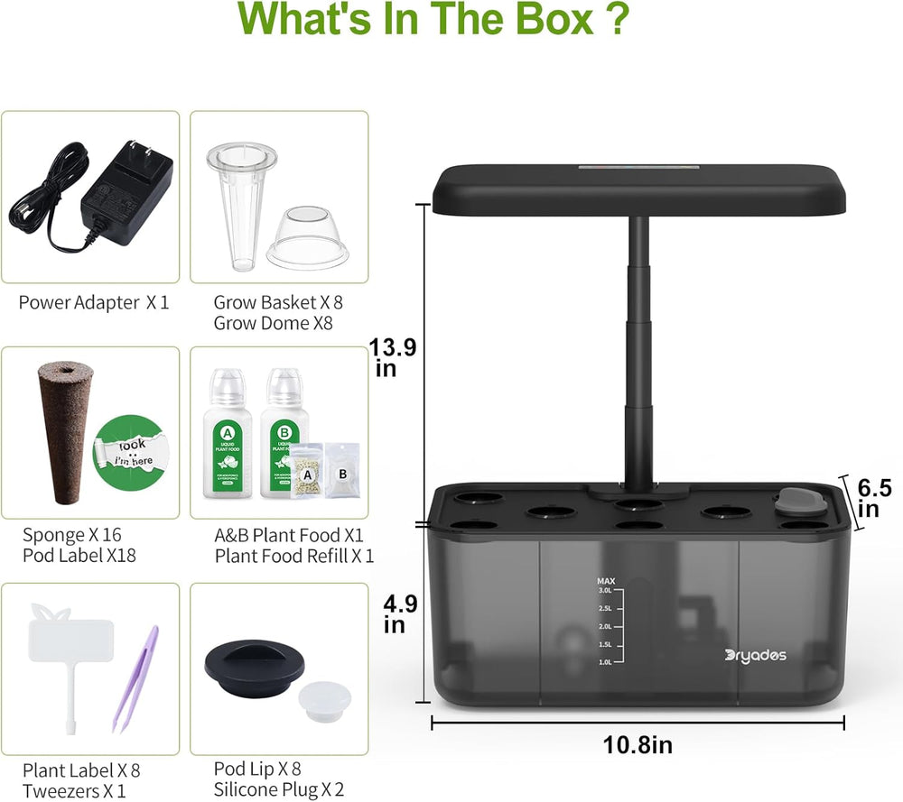 Sistem de creștere hidroponică: 8 capsule, lampă LED cu spectru complet de 24W cu avertizare de nivel scăzut de apă | Grădină interioară pentru bucătărie, sufragerie, școală | Idee de cadou pentru grădinarii amatori