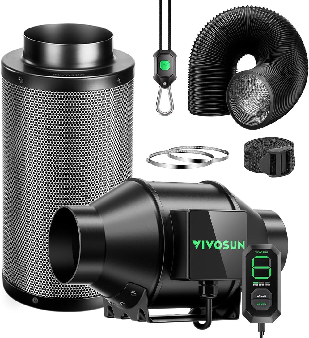 VIVOSUN Kit Ventilator Inline Inteligent 100mm/Evacuare AeroZesh G4 cu GrowHub E42A+, Controler de Temperatură și Umiditate, Telecomandă WiFi/Aplicație, Filtru de Cărbune Activ și Furtun pentru Corturi de Cultivare și Hidroponie