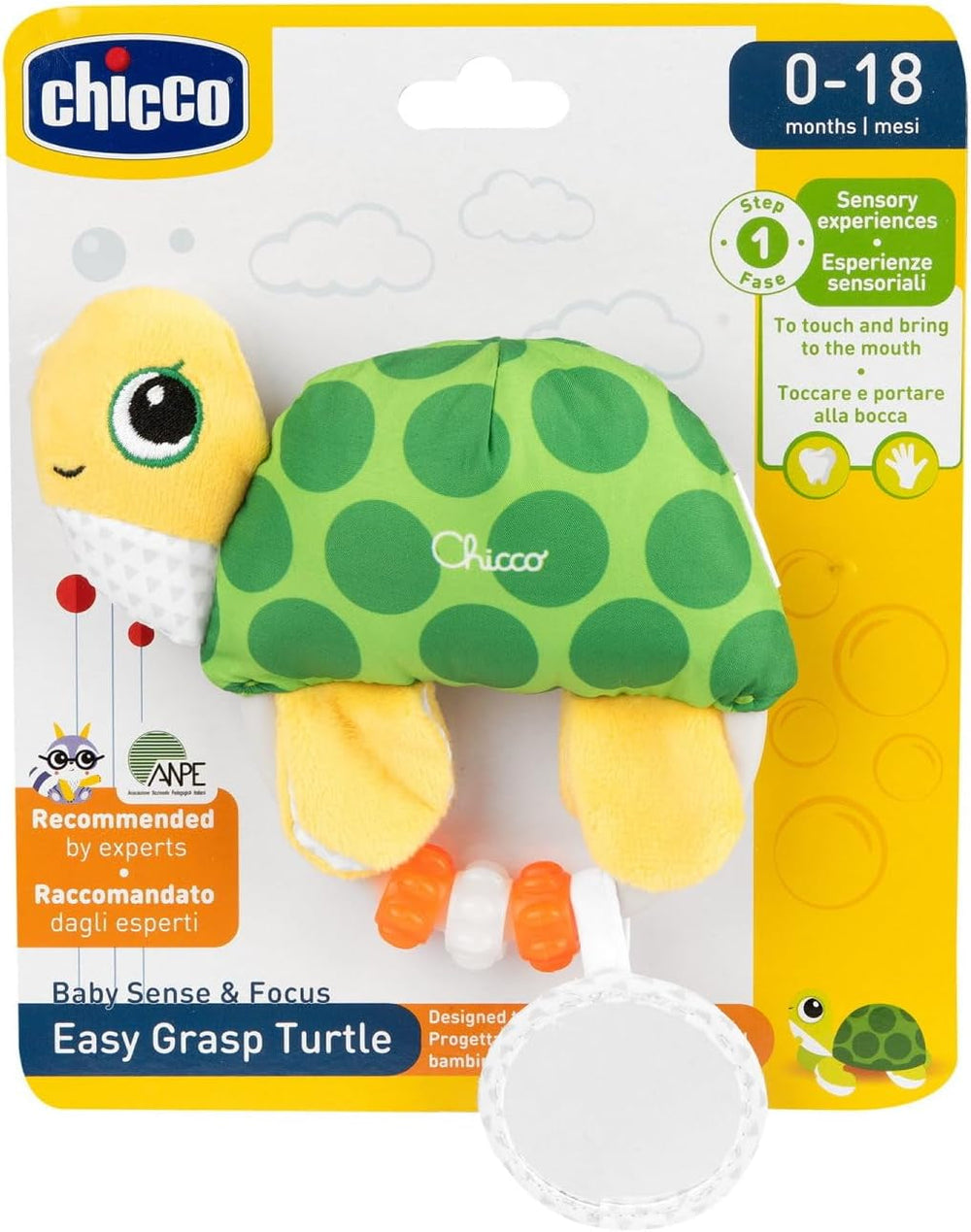 Chicco Easy Grab Turtle Toy, jucărie moale pentru bebeluși cu clopoțel, oglindă, inel din plastic și mărgele, ușor de prins, promovează dezvoltarea abilităților tactile și vizuale, 0-18 luni Jucarii Bebe Naty Shop