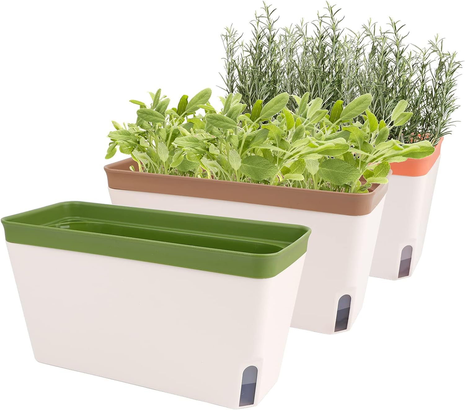 Ghiveci de flori cu auto-udare, set de 3, ghivece dreptunghiulare de 27 cm, ghivece pentru plante aromatice, cutii pentru pervaz cu rezervor de apă, ghivece moderne din plastic pentru interior și exterior, grădină, birou