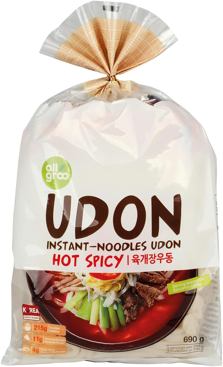 Tăiței instant Allgroo Udon - Supă Udon picantă, preparare rapidă - Conține 3 porții - 1 x 690 g