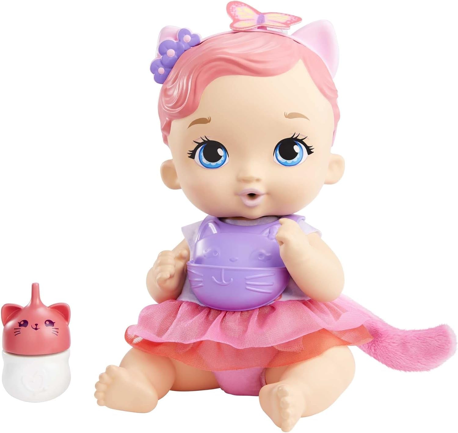 My Garden Baby HHL21 - Katzen-Baby Puppe (pinke Haare) mit Katzenohren und süßem Jasmin-Duft, inklusive Lätzchen, Fläschchen und Stoffwindel, Spielzeug für Kinder - ab 3 Jahren